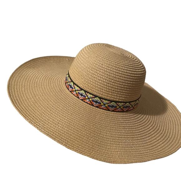 Straw Beach Cover Hat Wicker Beige Multicolored Embroidered Ribbon Summer Spring - Picture 9 of 10